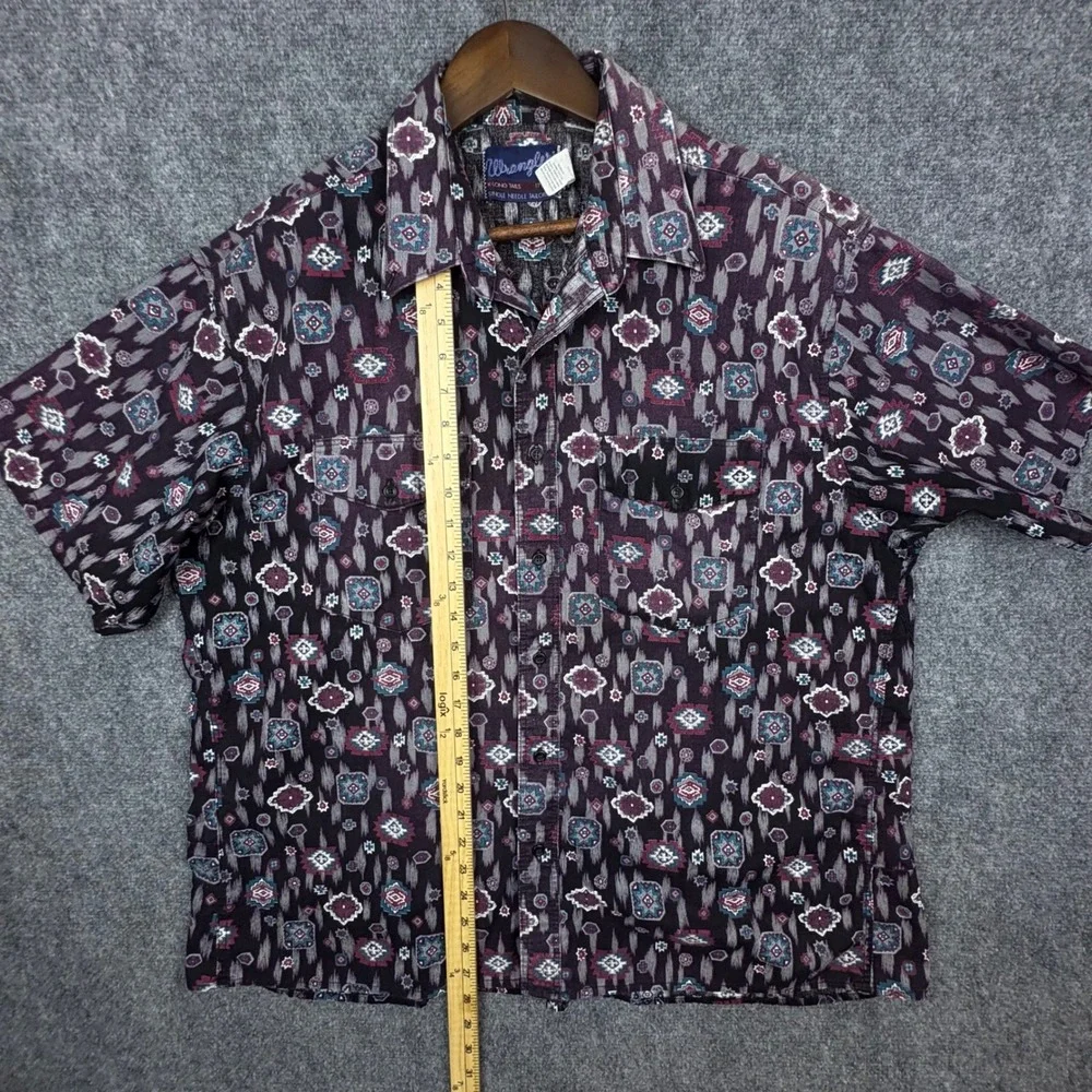 Wrangler Button Up Shirt Mens 17.5 Purple Southwestern Ikat Short Sleeve Cotton